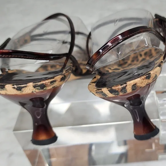 Stuart Weitzman Kitten Heel Sandals Strappy Thong Animal Print Brown Slingback 9 - Picture 4 of 15